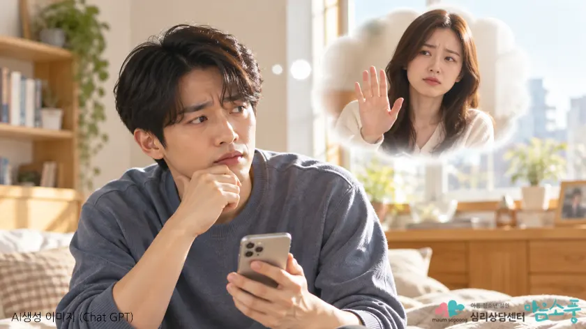 상대방의 거절을 떠올리며 스마트폰으로 전화하기를 망설이는 남성