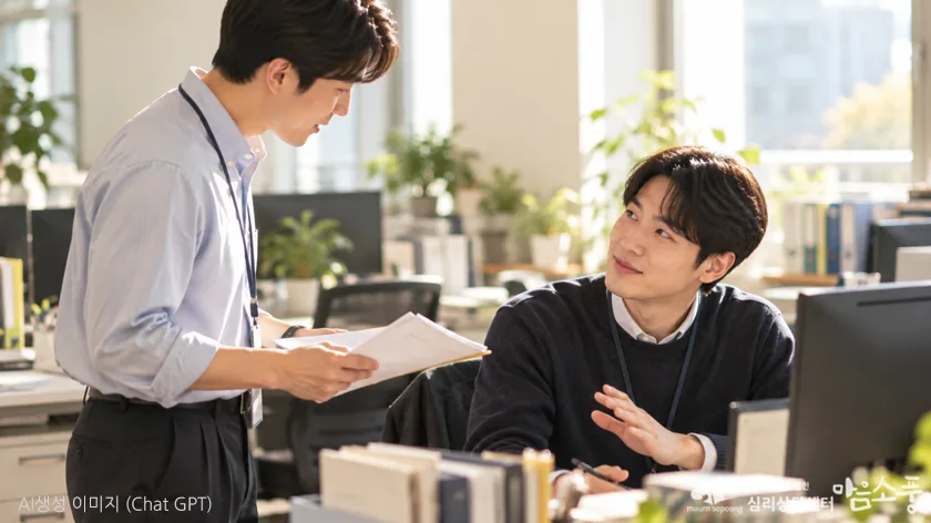 사무실에서 업무를 부탁하는 동료에게 자신의 의사를 차분하게 표현하는 모습